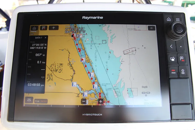 Hannah Yacht Photos Pics Raymarine navigation display on 2011 Catalina 445 sailboat, showing coastal map and coordinates.