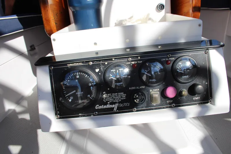 Hannah Yacht Photos Pics Control panel of a 2011 Catalina 445 yacht with gauges and switches.