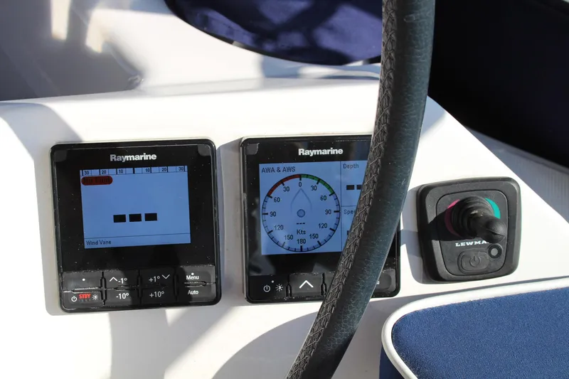 Hannah Yacht Photos Pics Raymarine navigation instruments on a 2011 Catalina 445 sailboat dashboard.
