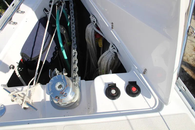 Hannah Yacht Photos Pics Anchor locker of 2011 Catalina 445 sailboat with ropes and winch.