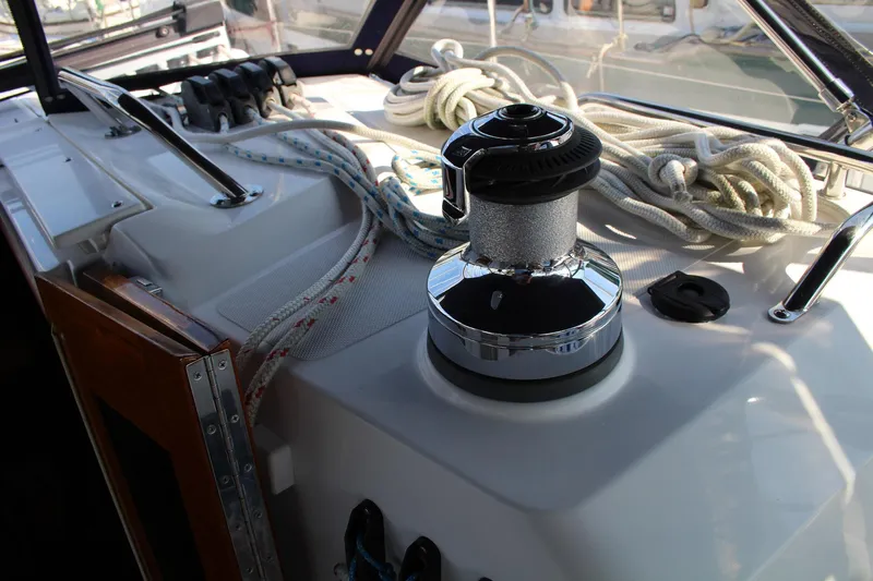 Hannah Yacht Photos Pics Cockpit of 2011 Catalina 445 sailboat with winch and coiled ropes.