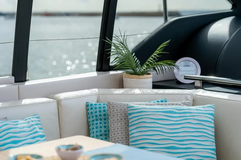  Yacht Photos Pics Luxurious 2020 Filippetti S55S yacht interior with stylish cushions and decor.