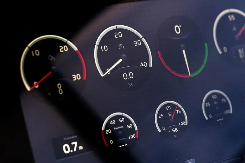  Yacht Photos Pics Dashboard of a 2020 Filippetti S55S yacht displaying various gauges and indicators.