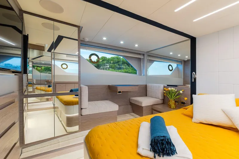  Yacht Photos Pics Luxurious interior of 2020 Filippetti S55S yacht with modern design and vibrant decor.