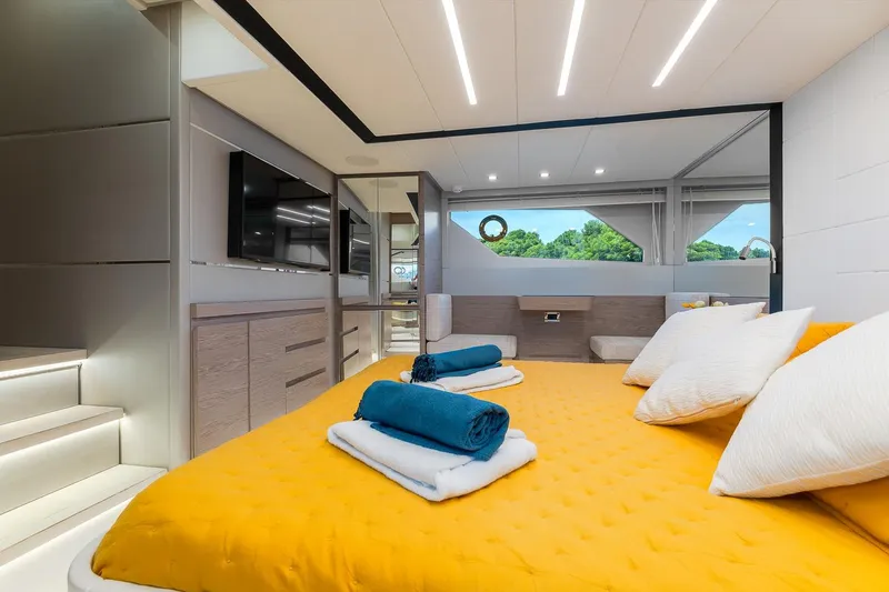 Yacht Photos Pics Luxurious interior of 2020 Filippetti S55S yacht with modern bedroom design.