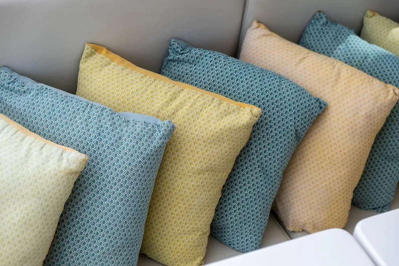  Yacht Photos Pics Colorful patterned cushions on a Filippetti S55S yacht, 2020 model.