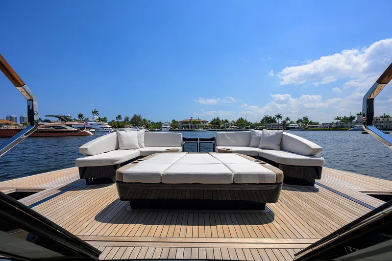 Lazzara Lsx 67 Yacht Photos Pics Luxurious 2023 Lazzara LSX 67 yacht deck with elegant seating, overlooking serene waters.