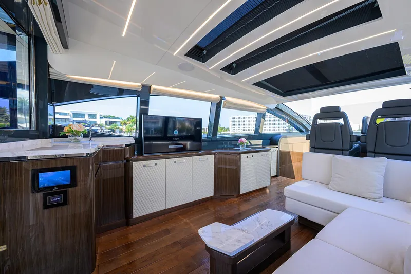 Lazzara Lsx 67 Yacht Photos Pics Luxurious interior of 2023 Lazzara LSX 67 yacht with modern furnishings and sleek design.