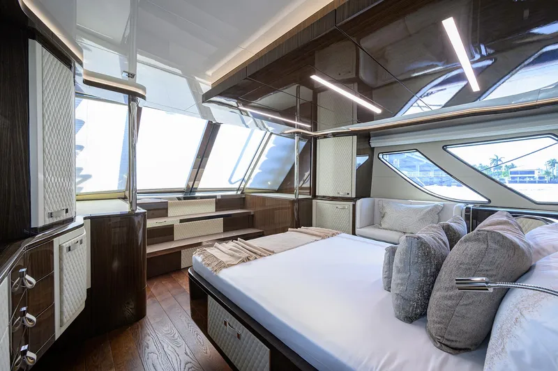 Lazzara Lsx 67 Yacht Photos Pics Luxurious 2023 Lazzara LSX 67 yacht bedroom with modern design and large windows.