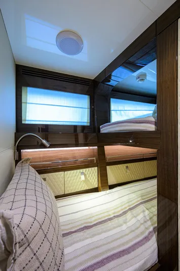 Lazzara Lsx 67 Yacht Photos Pics 2023 Lazzara LSX 67 yacht cabin with modern design and cozy bedding.