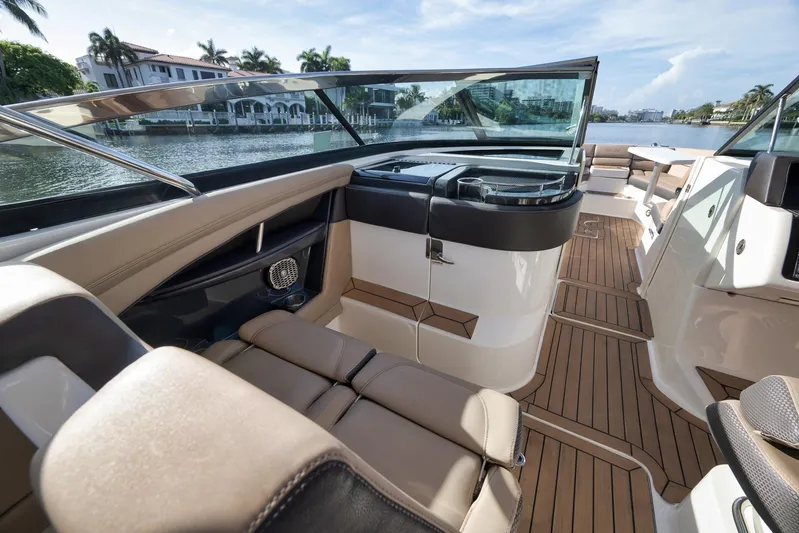  Yacht Photos Pics 2016 Sea Ray 350 SLX boat interior with luxurious seating and sleek design.