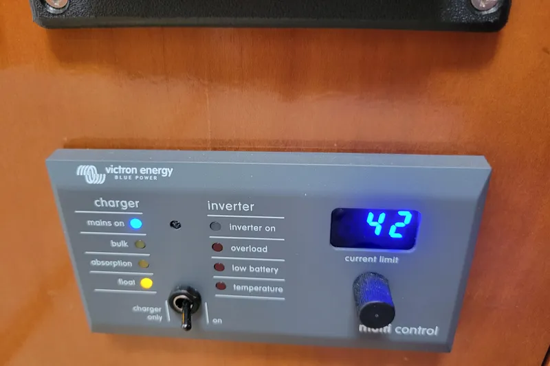  Yacht Photos Pics Victron Energy control panel on 2001 Carver 570 Voyager Pilothouse, displaying current limit.