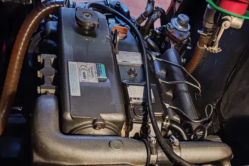  Yacht Photos Pics Engine of a 2009 Beneteau Oceanis 54 sailboat, showcasing mechanical components.