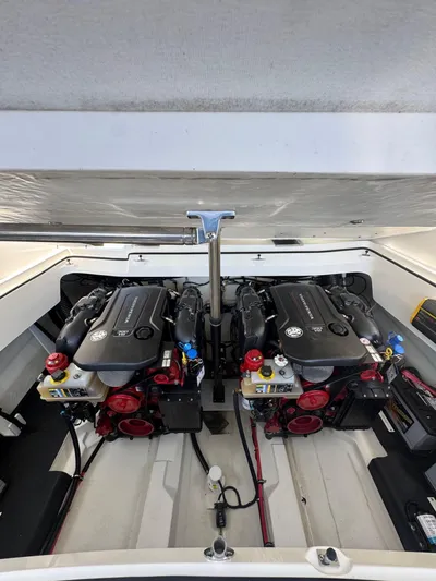  Yacht Photos Pics Engine compartment of a 2022 Cobalt R30 boat, featuring dual powerful engines.