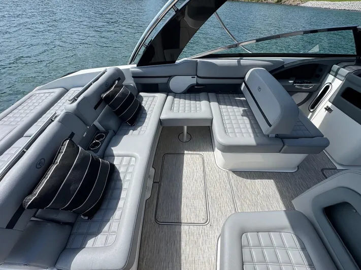  Yacht Photos Pics Luxurious interior of 2022 Cobalt R30 boat with plush seating and stylish design.