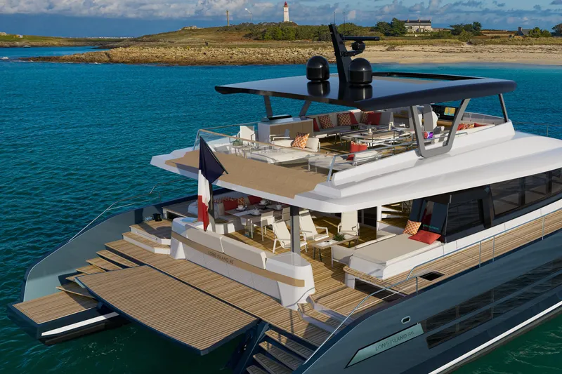 Long Island 86 Yacht Photos Pics Luxurious 2026 JFA Yachts Long Island 86 catamaran in serene coastal waters.