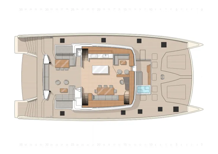 Long Island 86 Yacht Photos Pics Deck layout of 2026 JFA Yachts Long Island 86, featuring spacious seating and dining areas.