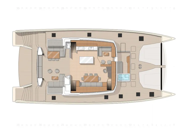 Long Island 86 Yacht Photos Pics Deck layout of 2026 JFA Yachts Long Island 86 catamaran, featuring spacious seating and dining areas.