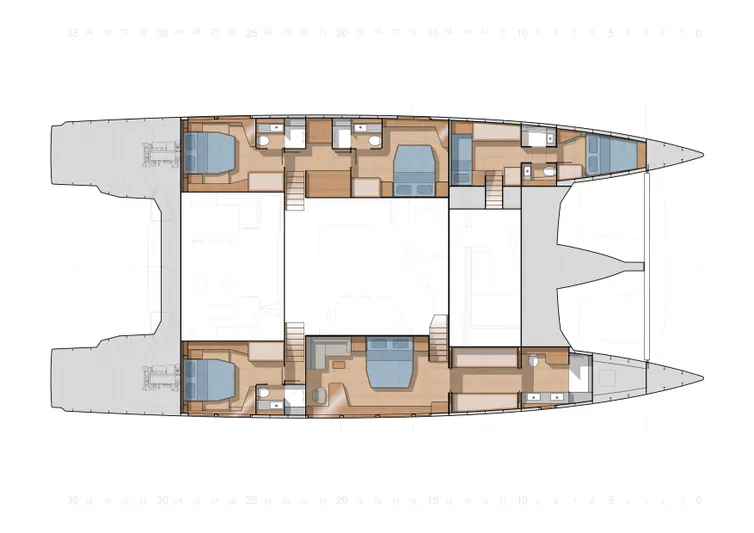 Long Island 86 Yacht Photos Pics Floor plan of 2026 JFA Yachts Long Island 86 catamaran, showcasing cabin layout and design.