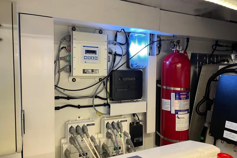  Yacht Photos Pics Engine room of 2012 Sunseeker Manhattan 53 yacht with control panel and fire extinguisher.