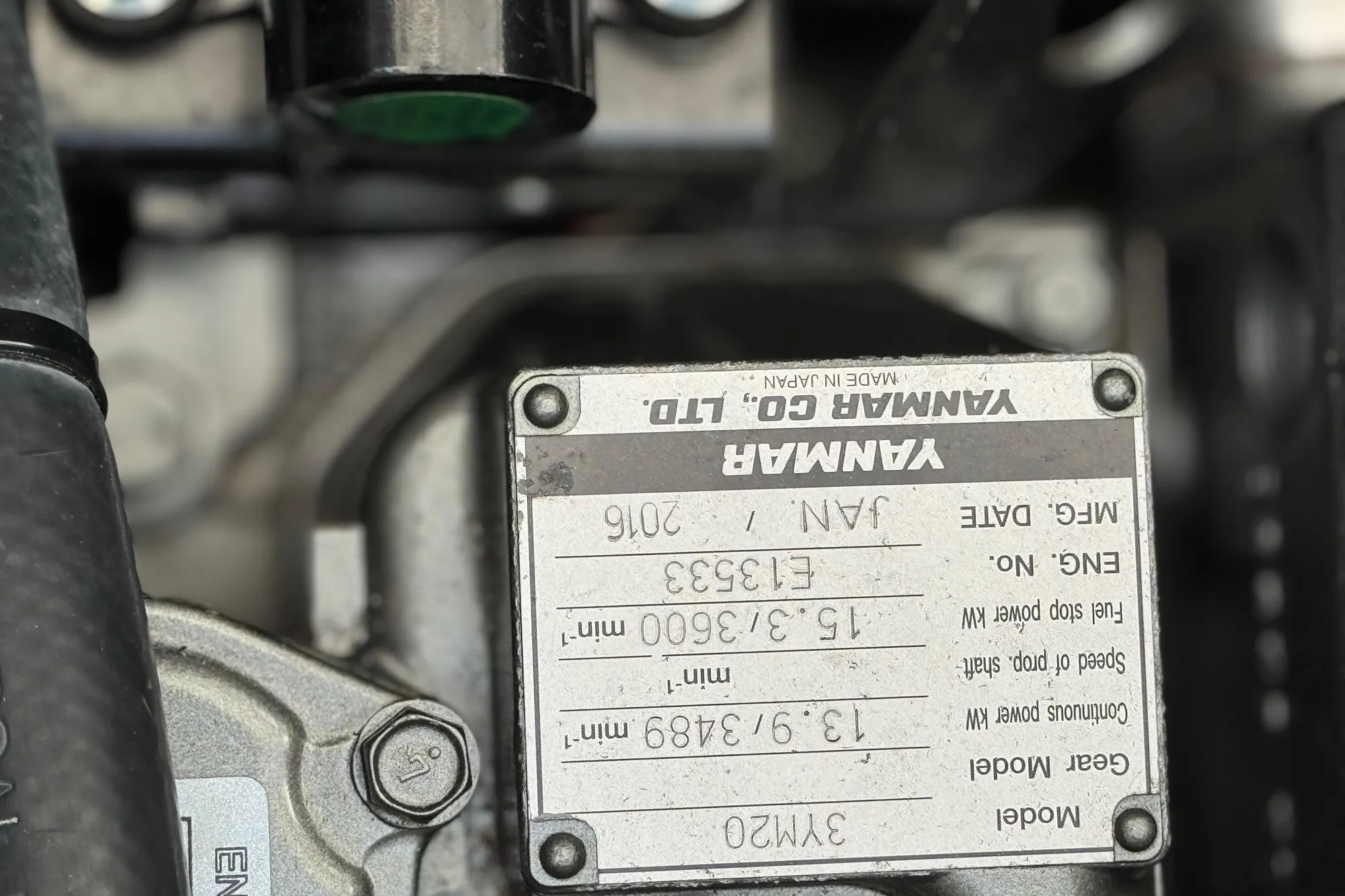 Close-up of a Yanmar engine label on a 2016 Dragonfly 32 model.
