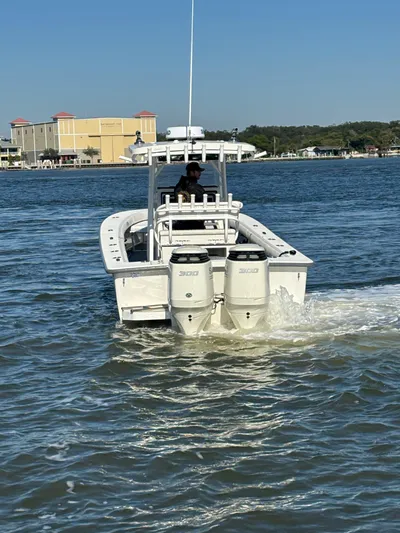  Yacht Photos Pics 2019 Egret 290 boat on water with dual engines.