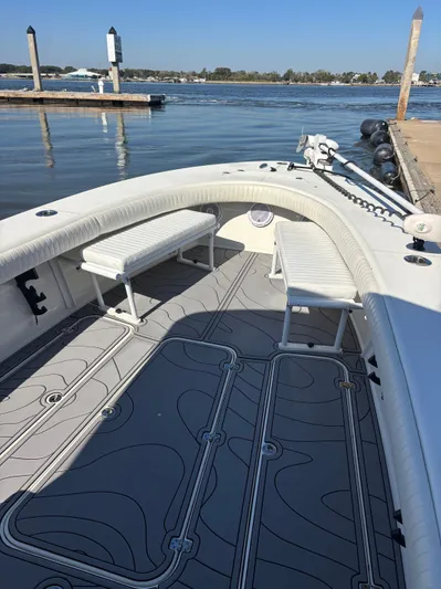  Yacht Photos Pics Egret 290 boat from 2019 docked with clear view of the deck.