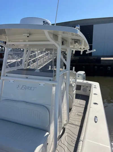  Yacht Photos Pics Egret 290 boat from 2019 docked, side view.