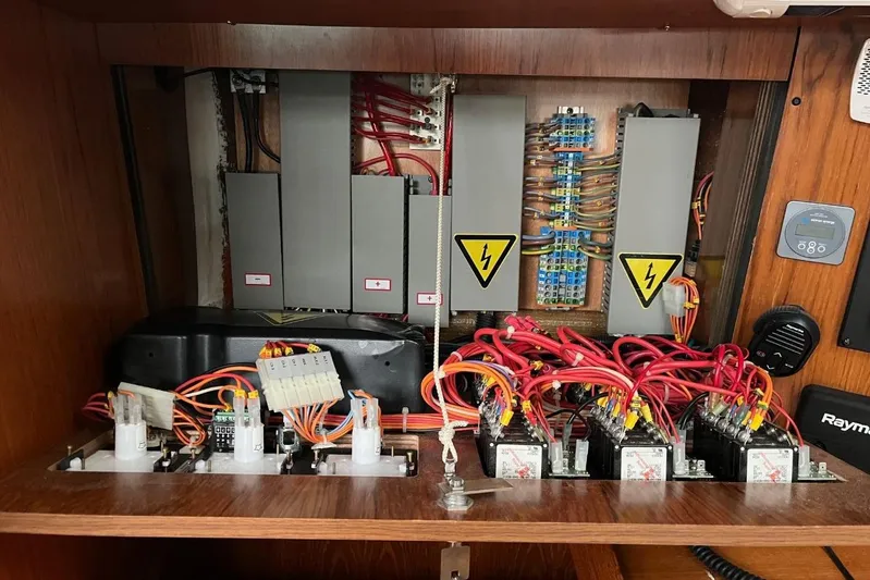 Arrow Yacht Photos Pics Electrical panel of 2008 Jeanneau Sun Odyssey 45 sailboat with wiring and components.
