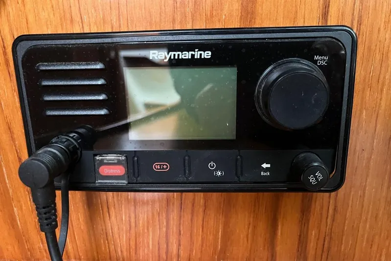 Arrow Yacht Photos Pics Raymarine marine radio on 2008 Jeanneau Sun Odyssey 45 yacht, featuring distress button.