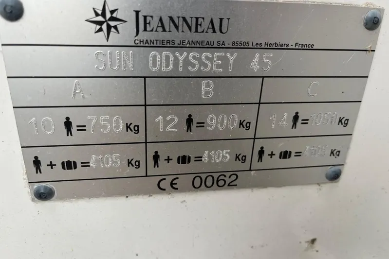 Arrow Yacht Photos Pics Plaque of 2008 Jeanneau Sun Odyssey 45 showing weight capacities and passenger limits.