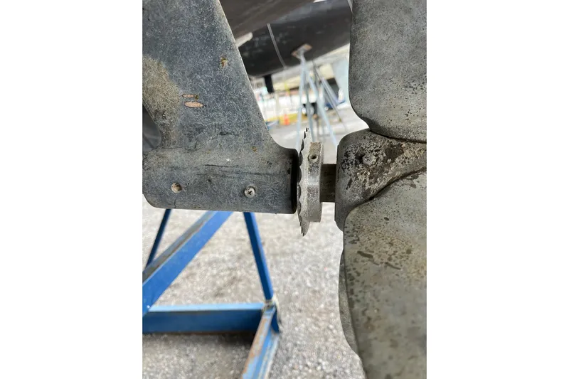 Arrow Yacht Photos Pics Close-up of Jeanneau Sun Odyssey 45 propeller and rudder, 2008 model, in dry dock.