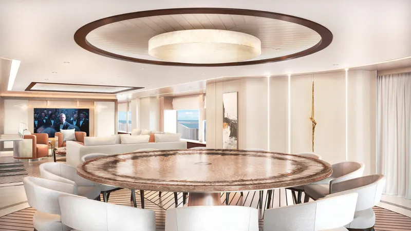  Yacht Photos Pics Luxurious interior of 2027 ISA Sportiva 66 yacht with elegant dining area and modern decor.