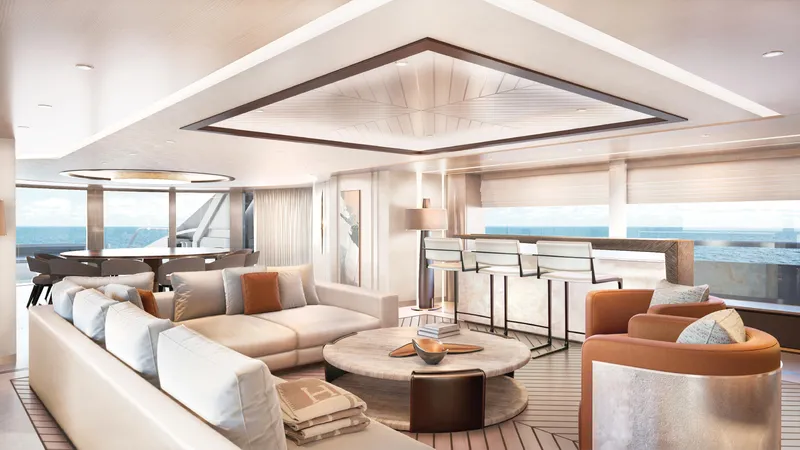  Yacht Photos Pics Luxurious interior of 2027 ISA Sportiva 66 yacht with modern furnishings and ocean view.