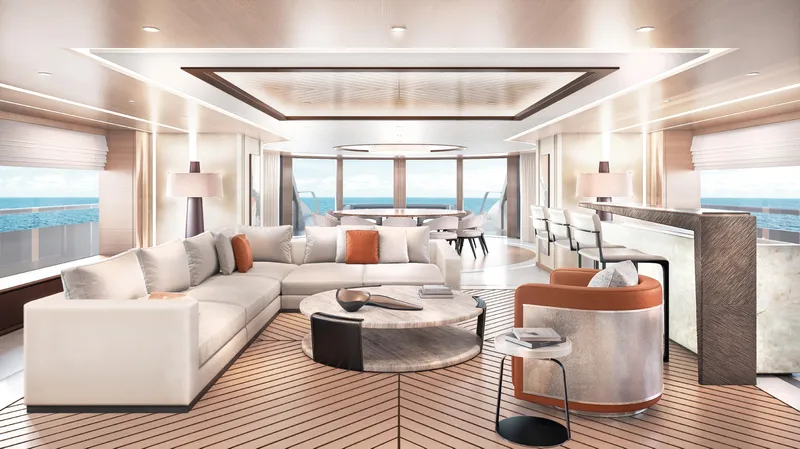  Yacht Photos Pics Luxurious interior of 2027 ISA Sportiva 66 yacht with modern furnishings and ocean view.