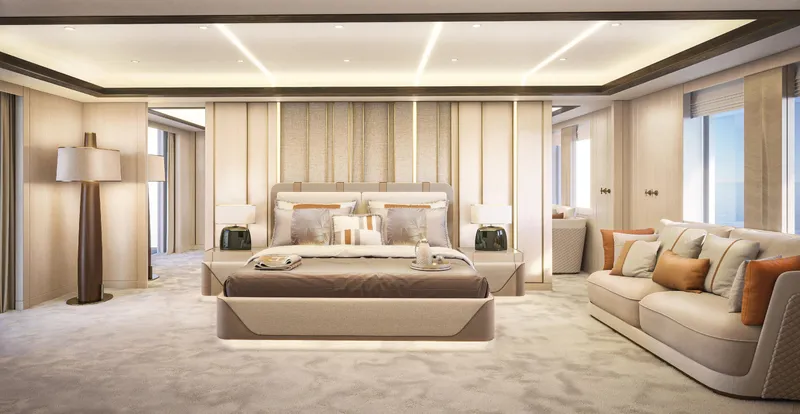  Yacht Photos Pics Luxurious bedroom interior on ISA Sportiva 66 yacht, 2027 model, featuring elegant decor and modern furnishings.