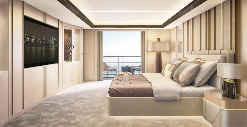  Yacht Photos Pics Luxurious bedroom interior on ISA Sportiva 66 yacht, 2027 model, featuring elegant decor and ocean view.