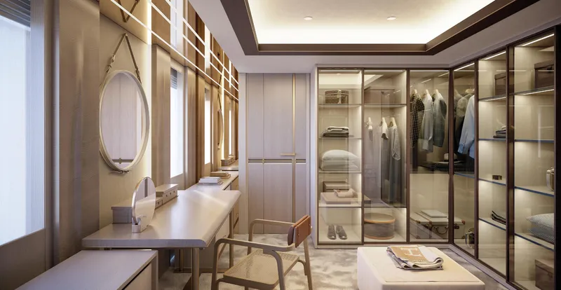  Yacht Photos Pics Luxurious walk-in closet with modern design, featuring glass wardrobes and elegant lighting.