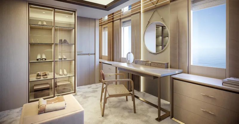  Yacht Photos Pics Luxurious yacht interior with elegant vanity, glass cabinet, and ocean view, ISA Sportiva 66, 2027.