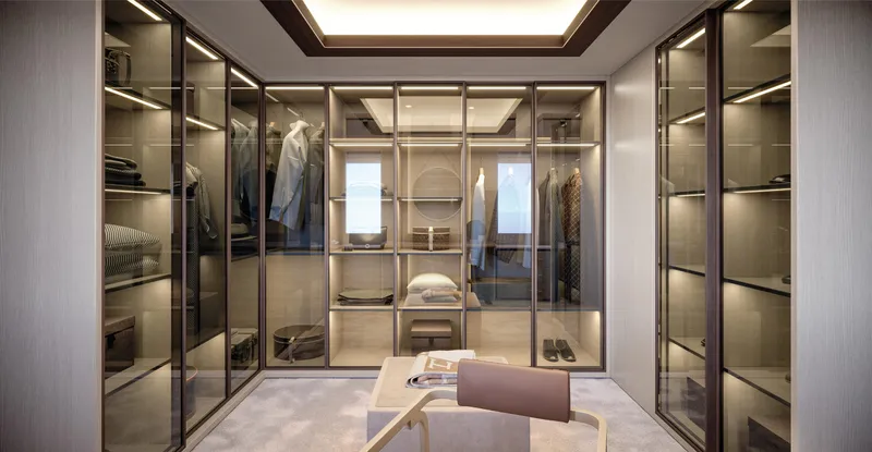  Yacht Photos Pics Luxurious walk-in closet with glass doors and modern lighting on ISA Sportiva 66 yacht, 2027.