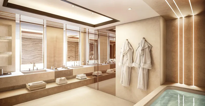  Yacht Photos Pics Luxurious modern bathroom with robes, towels, and a spacious tub in a sleek design.