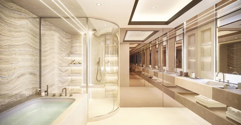  Yacht Photos Pics Luxurious modern bathroom with marble accents, spacious shower, and elegant lighting in a 2027 ISA Sportiva 66.
