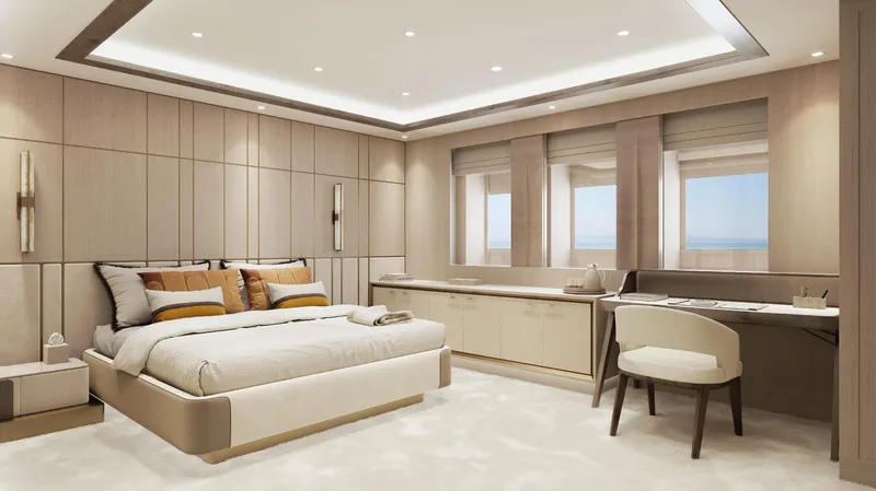  Yacht Photos Pics Luxurious bedroom interior in ISA Sportiva 66 yacht, 2027 model, featuring modern design and elegant furnishings.