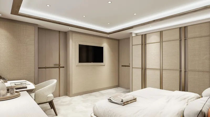  Yacht Photos Pics Luxurious bedroom interior in ISA Sportiva 66 yacht, 2027 model, featuring modern design and elegant furnishings.