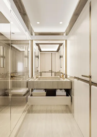  Yacht Photos Pics Luxurious bathroom interior on ISA Sportiva 66 yacht, 2027 model, featuring elegant wood and gold accents.