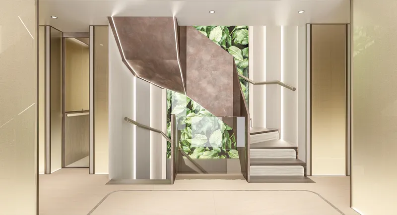  Yacht Photos Pics Luxurious interior of ISA Sportiva 66 yacht, featuring modern staircase and elegant design, 2027 model.