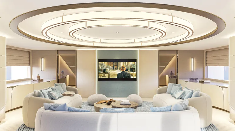  Yacht Photos Pics Luxurious interior of 2027 ISA Sportiva 66 yacht with modern seating and ambient lighting.