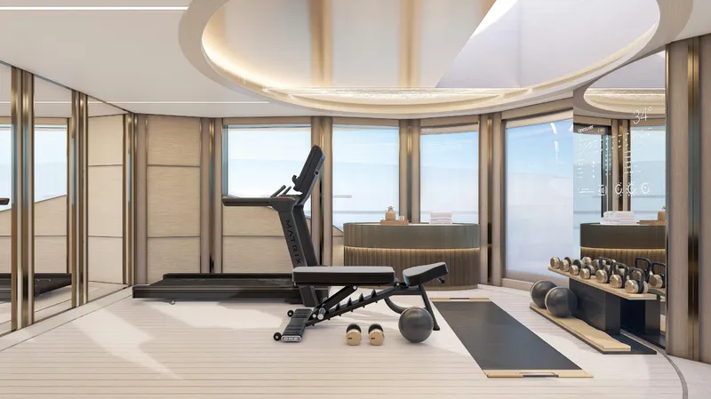  Yacht Photos Pics Luxurious gym on ISA Sportiva 66 yacht, featuring modern equipment and ocean views, 2027 model.