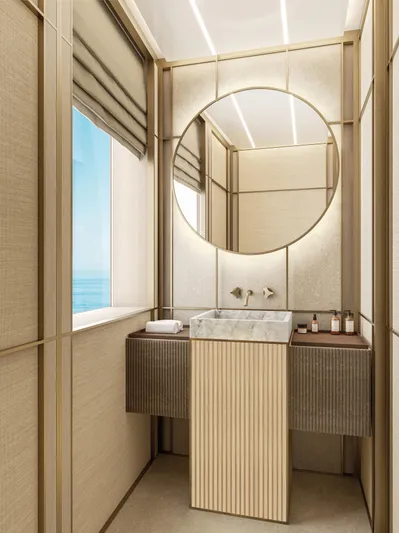  Yacht Photos Pics Luxurious bathroom interior on ISA Sportiva 66 yacht, featuring modern design and ocean view.