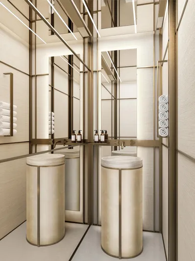  Yacht Photos Pics Luxurious modern bathroom with dual sinks, mirrors, and elegant lighting in a 2027 ISA Sportiva 66.